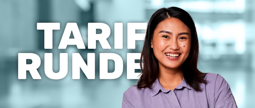 Frau mit hellbrauner Hautfarbe und schwarzen Schulterlangen Haaren in Bluse vor dem Text Tarifrunde