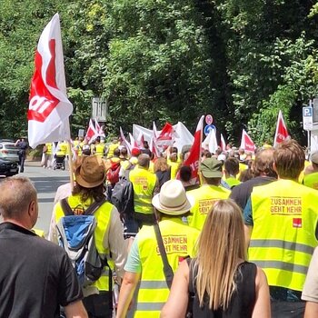 ver.di Streikende von. hinten mit Fahnen